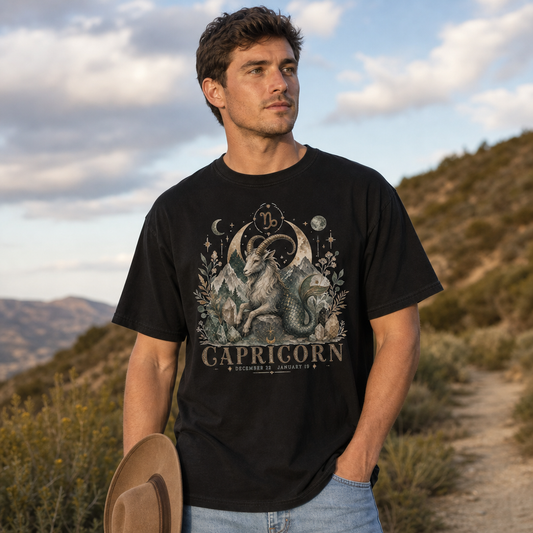 Man wearing a black Comfort Colors 1717 t-shirt featuring a vintage boho Capricorn zodiac design with an ornate celestial sea-goat, crescent moon, stars, mountains, crystals, and botanicals on a desert mountain trail, for astrology lovers and witchy zodiac apparel fans, by Crossroads Dandelion