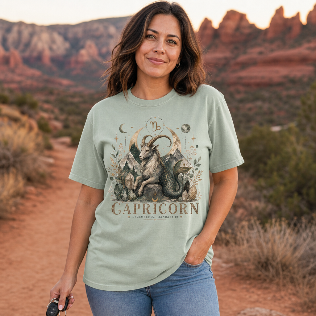 Brunette woman wearing a Bay Comfort Colors 1717 t-shirt featuring a vintage boho Capricorn zodiac design with an ornate sea-goat, alpine mountains, crystals, botanicals, moon phases, stars, and Capricorn glyph, standing on a red rock desert trail, mystical astrology apparel for women, zodiac lovers, and witchy nature-inspired fashion fans, by Crossroads Dandelion