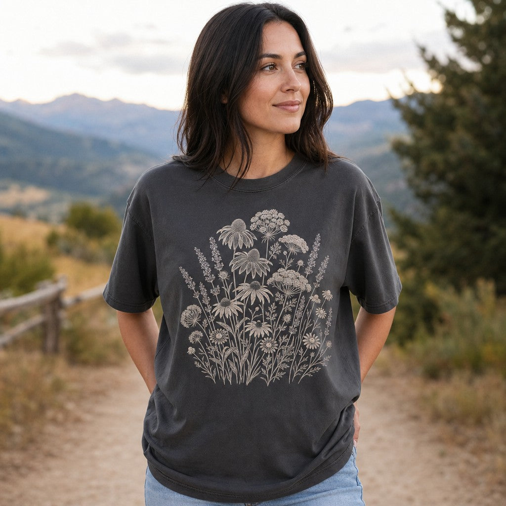 Woman in pepper Comfort Colors 1717 t-shirt featuring a vintage botanical ink drawing of wildflowers including echinacea, chamomile, yarrow, and lavender, standing on a scenic mountain path, cottagecore and whimsical style for garden and nature lovers, by Crossroads Dandelion