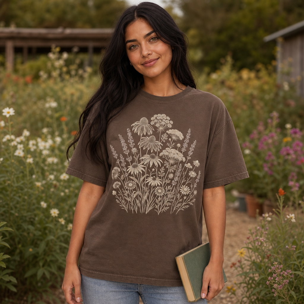 Woman wearing an espresso Comfort Colors 1717 t-shirt featuring a vintage botanical illustration of wildflowers and herbs like coneflowers and lavender in beige and soft lavender tones, standing in a lush garden, minimalist and elegant design for botanical art, eco-friendly, and nature lovers, by Crossroads Dandelion