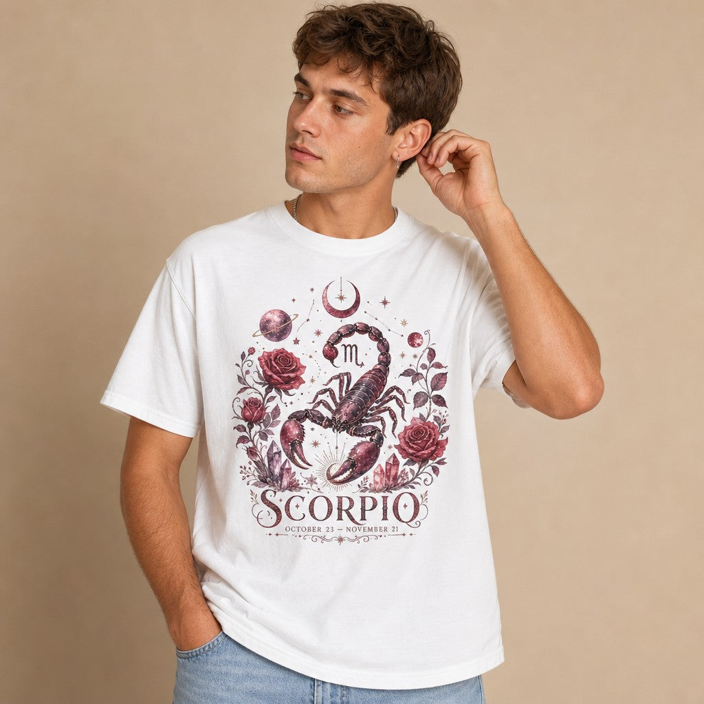 Man wearing a white Comfort Colors 1717 t-shirt featuring a vintage celestial hand-drawn scorpion, surrounded by dark red roses, stars, crescent moon, and crystals, mystical astrology-themed apparel for men, by Crossroads Dandelion