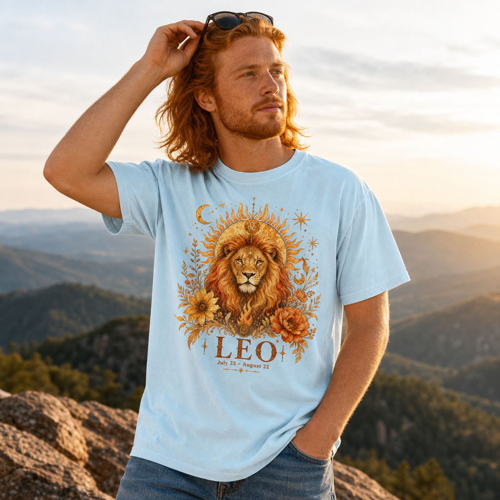 Man in chambray Comfort Colors 1717 t-shirt featuring a vintage ethereal Leo zodiac design with a majestic lion, celestial sun and stars, and autumnal floral accents, outdoors at mountain sunset, perfect for astrology and zodiac enthusiasts, by Crossroads Dandelion