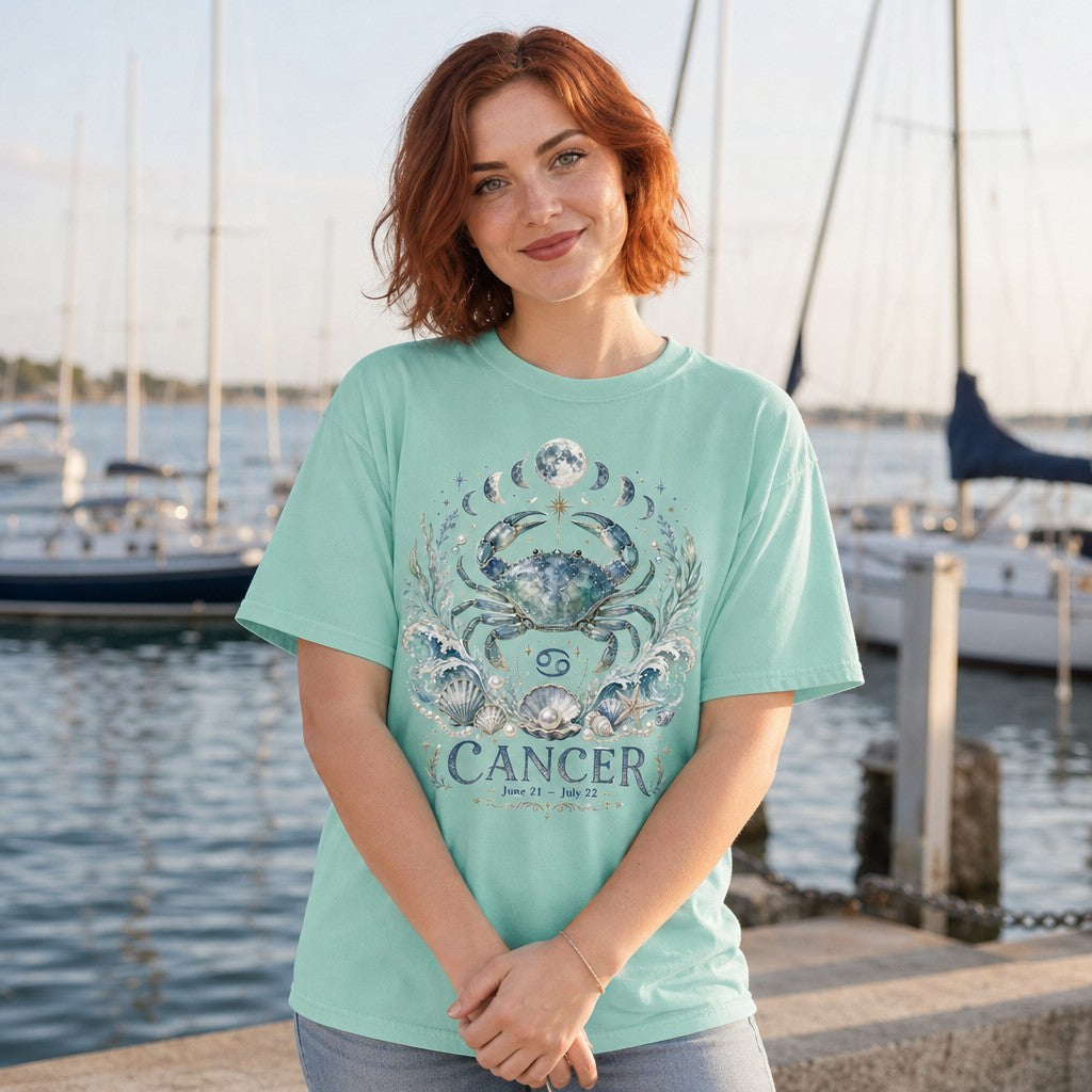 Red-haired woman at a marina wearing an island reef Comfort Colors 1717 t-shirt with whimsical hand-painted Cancer zodiac design featuring celestial crab, lunar phases, ocean waves, seashells, and pearls, mystical celestial ocean vibe for astrology lovers, by Crossroads Dandelion