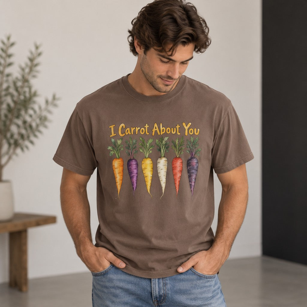Man in espresso Comfort Colors® 1717 t-shirt featuring whimsical watercolor carrots design with 'I Carrot About You' cheerful hand-lettered text, playful garden harvest theme for veggie lovers, casual indoor setting, by Crossroads Dandelion