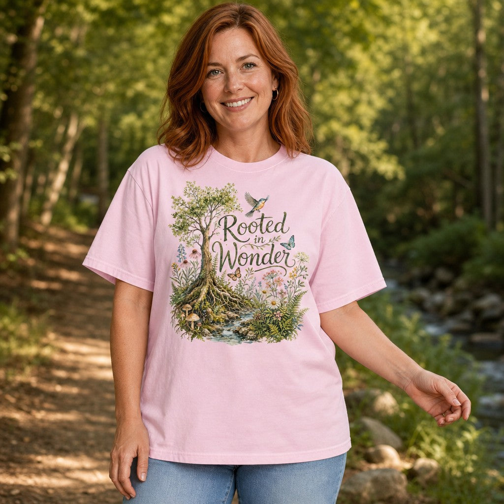 Smiling woman wearing a blossom pink Comfort Colors 1717 t-shirt featuring a whimsical watercolor tree with roots, wildflowers, butterflies, mushrooms, and birds in vintage botanical style, standing on a forest trail, ideal for cottagecore and plant lovers, by Crossroads Dandelion
