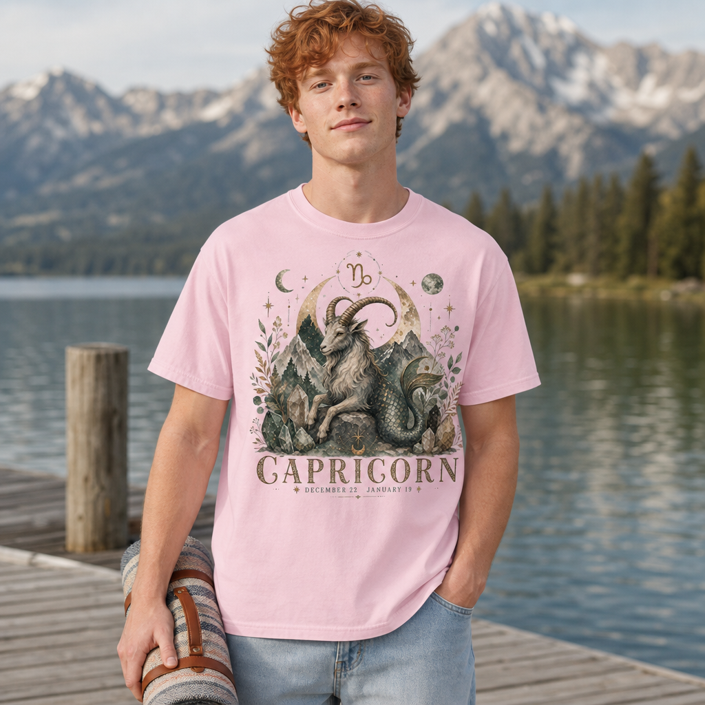 Vintage boho Capricorn sea goat zodiac Comfort Colors 1717 t-shirt in blossom pink worn by a young man beside a mountain lake, featuring celestial astrology artwork with crystals, moons, and botanical details, by Crossroads Dandelion.
