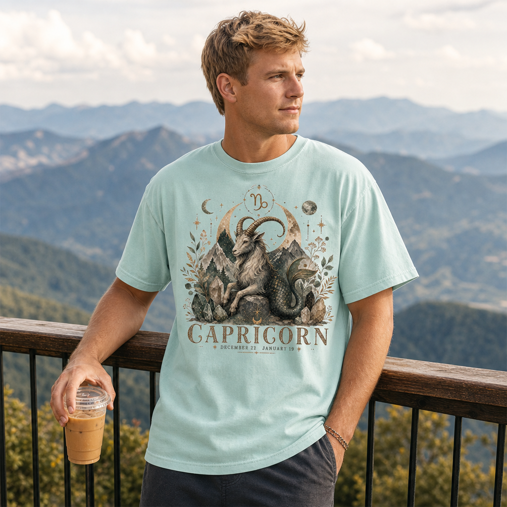 Vintage boho Capricorn sea goat zodiac Comfort Colors 1717 t-shirt in chalky mint worn by a young man overlooking mountain scenery, featuring mystical celestial artwork with moons, crystals, and earthy botanical elements, by Crossroads Dandelion.