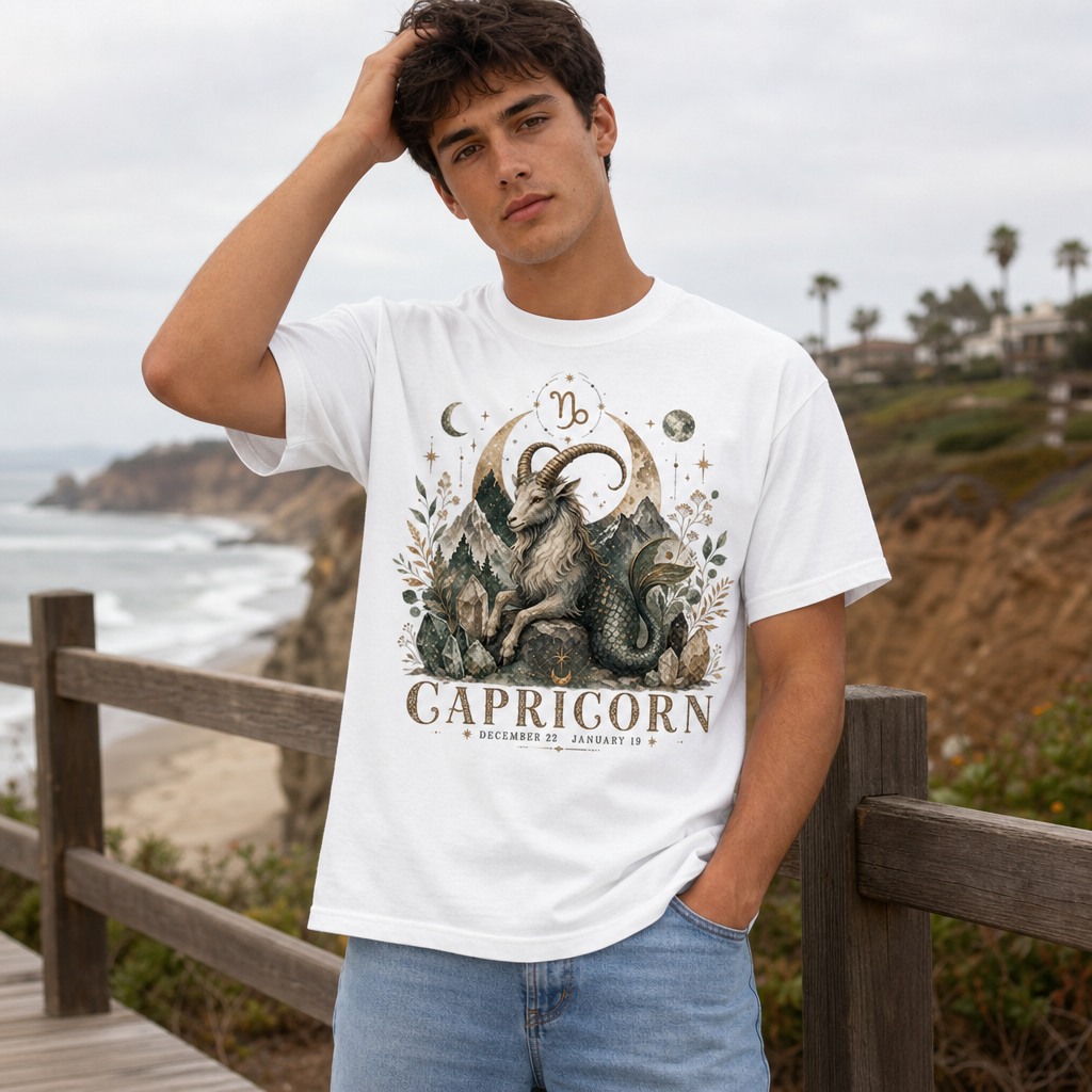 Young man wearing a white Comfort Colors 1717 t-shirt featuring a vintage boho Capricorn zodiac sea-goat design with ram horns, scaled tail, mountains, crystals, botanicals, moons, stars, and glyph, standing on a coastal boardwalk, mystical astrology apparel for zodiac lovers and witchy fashion fans, by Crossroads Dandelion