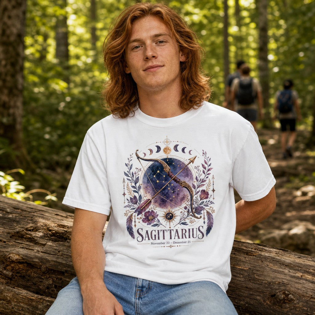 Red-haired man wearing a white Comfort Colors 1717 t-shirt with a dreamy watercolor Sagittarius design featuring a golden bow and arrow, galactic stars, lunar phases, and lush purple florals, hiking in a green forest; ideal for astrology and mystical art lovers, by Crossroads Dandelion