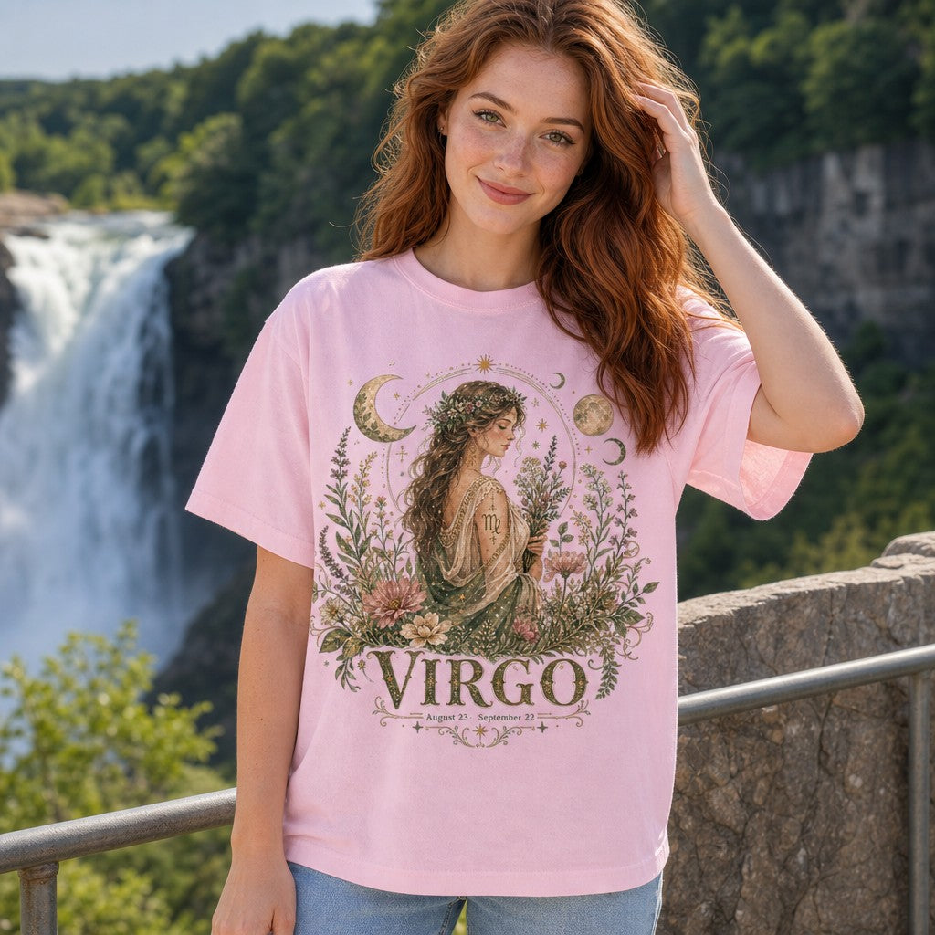 Woman wearing a blossom pink Comfort Colors 1717 t-shirt featuring a whimsical boho celestial Virgo goddess design with wildflowers, moons, stars, and botanical accents; outdoor waterfall background, perfect for astrology and spiritual enthusiasts, by Crossroads Dandelion