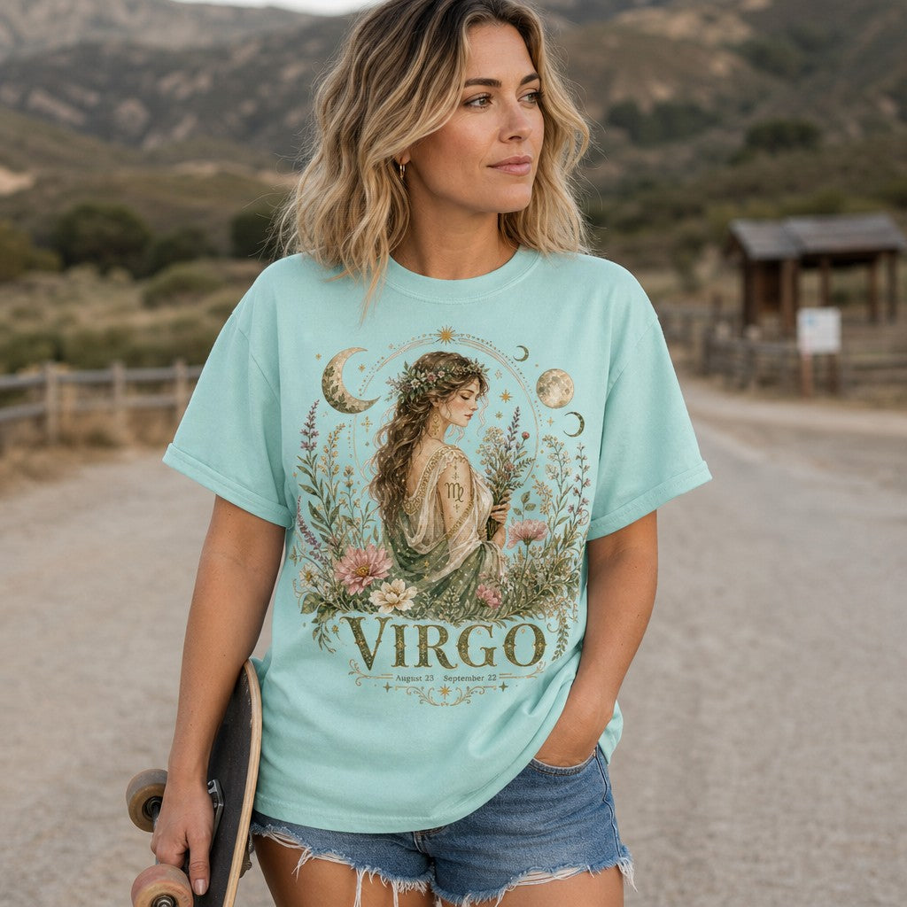 Woman wearing a chalky mint Comfort Colors 1717 t-shirt with a whimsical boho Virgo goddess design surrounded by moons, stars, and wildflowers, celestial and botanical art, outdoor scene, for astrology lovers and spiritual women, by Crossroads Dandelion