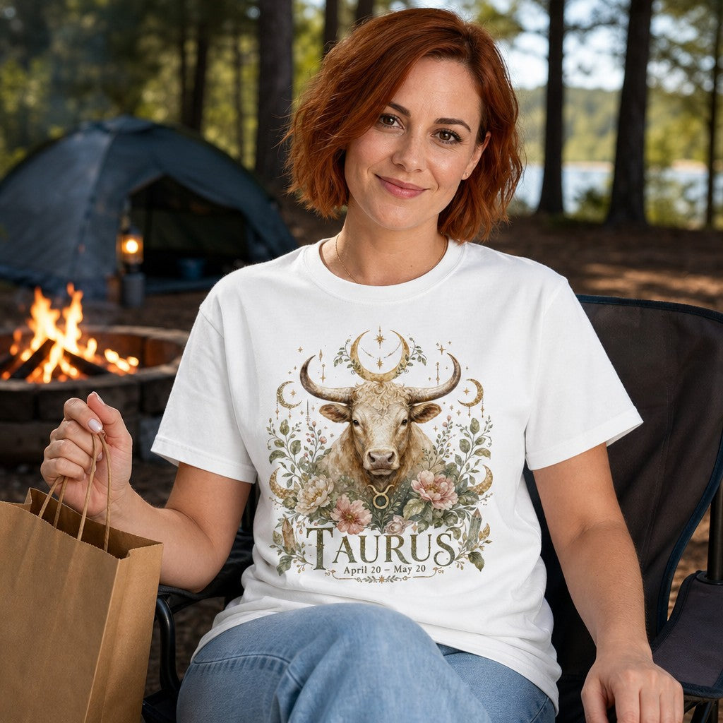 Woman in white Comfort Colors 1717 t-shirt featuring a hand-painted boho Taurus bull design with golden crescent moons, lush florals, and celestial stars, vintage-inspired mystical motif, camping outdoors, for astrology and nature lovers, by Crossroads Dandelion