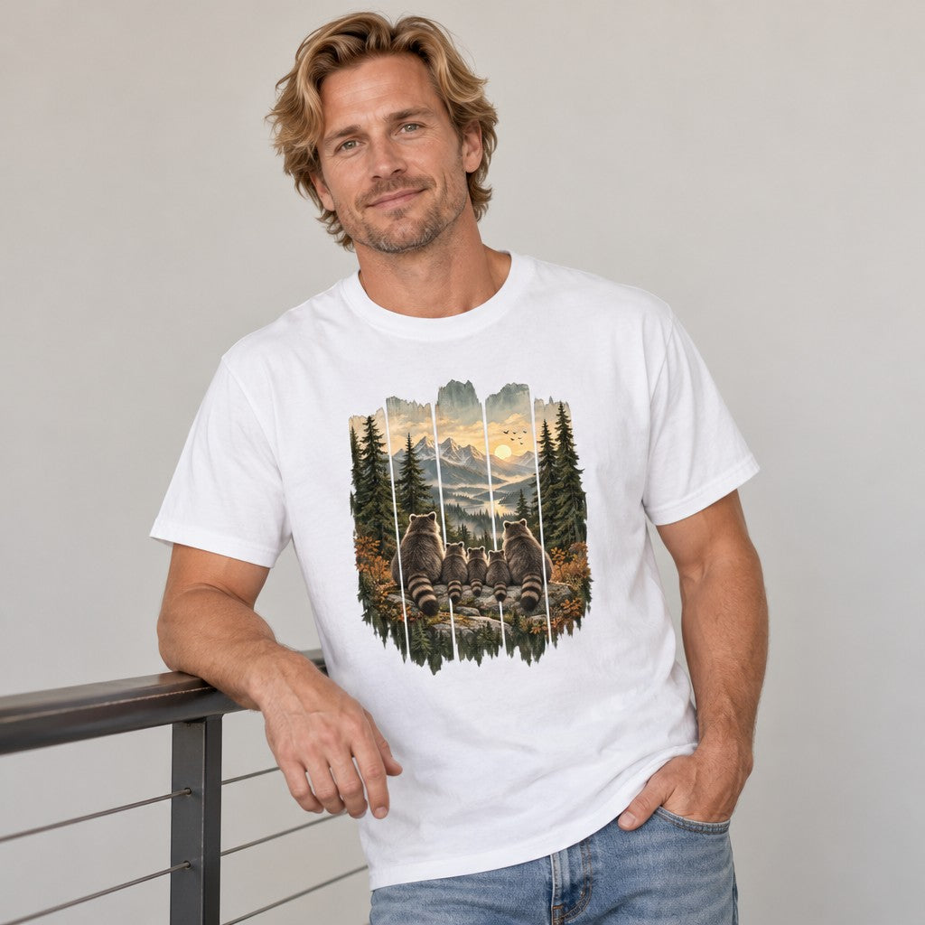 Man wearing a white Comfort Colors® 1717 t-shirt with a painterly folk-art illustration of a raccoon family sitting on rocks, watching an autumn mountain sunrise over a valley, rustic woodcut vertical planks design, nature and outdoor lovers, by Crossroads Dandelion