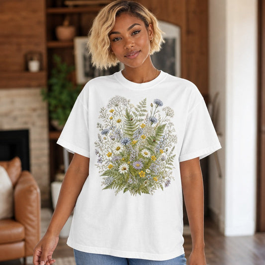 Woman wearing a white Comfort Colors 1717 t-shirt with a watercolor wildflower meadow bouquet and ladybugs, vintage botanical style, standing in a cozy living room, perfect for garden lovers and free-spirited women, by Crossroads Dandelion