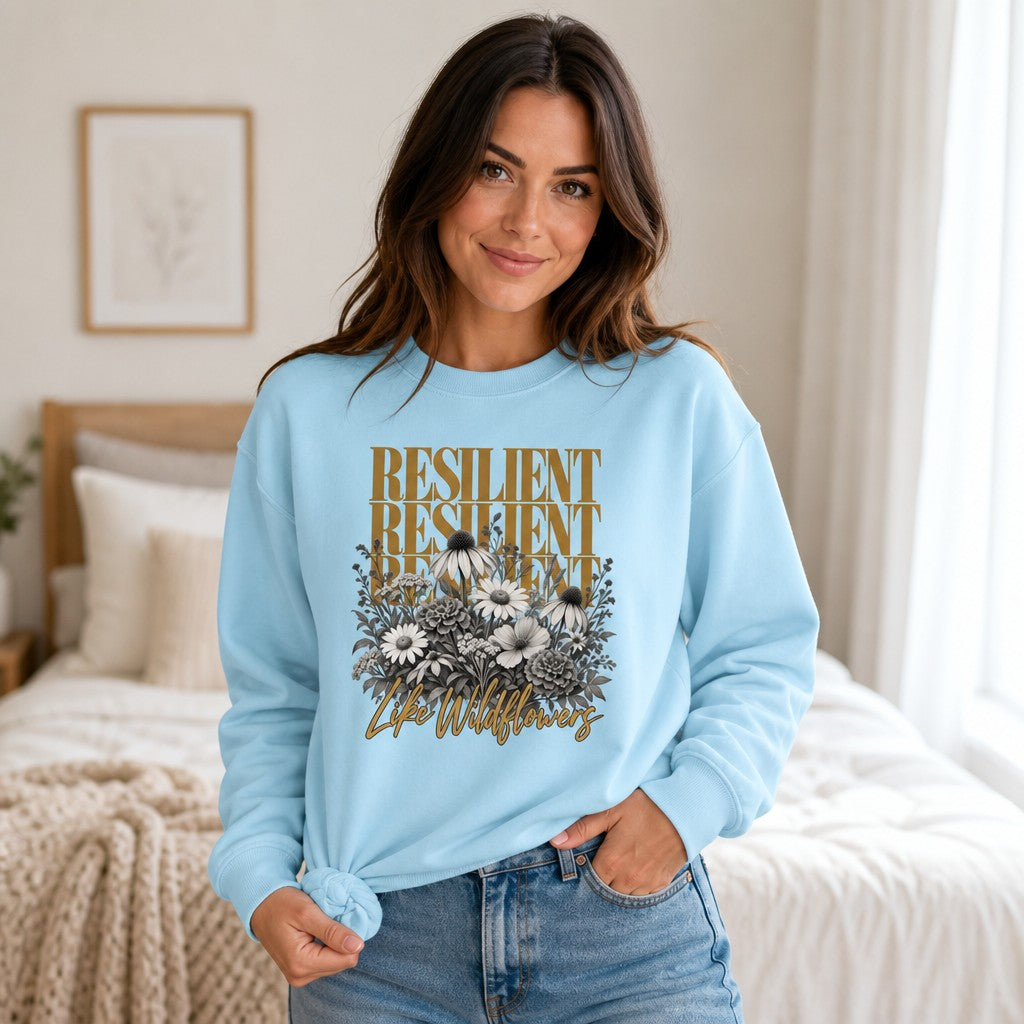 Woman in chambray blue Comfort Colors sweatshirt featuring a vintage-inspired grayscale wildflower bouquet design beneath bold ochre 'RESILIENT' text and script 'Like Wildflowers', botanical empowering boho style, cozy bedroom setting, for nature lovers and women, by Crossroads Dandelion