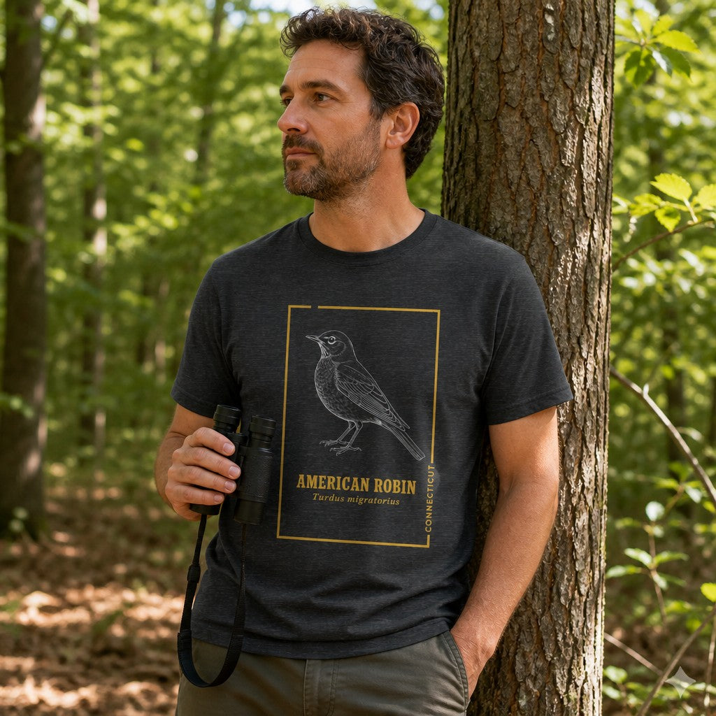 Man wearing a dark grey heather Bella Canvas 3001 t-shirt featuring a vintage naturalist line art of an American Robin with golden botanical trim, standing in a lush forest, perfect for birdwatchers, nature lovers, and those drawn to elegant cottagecore wildlife illustrations, by Crossroads Dandelion