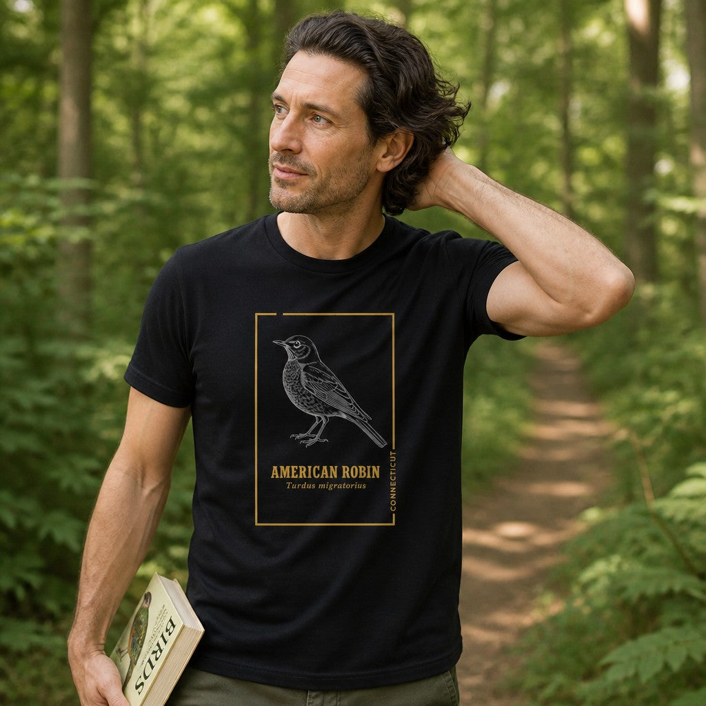 Man in black Bella Canvas 3001 t-shirt featuring a vintage line art American Robin bird framed with golden botanist trim, inspired by naturalist illustration, walking in a lush green forest trail, perfect for cottagecore birdwatchers and nature enthusiasts, by Crossroads Dandelion