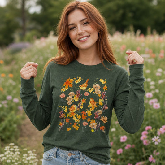 Woman wearing a heather forest Bella Canvas 3501 long sleeve shirt with a cottagecore watercolor design featuring golden songbirds, autumn leaves, and vintage wildflowers, standing in a blooming garden, ideal for nature lovers and creative souls, by Crossroads Dandelion