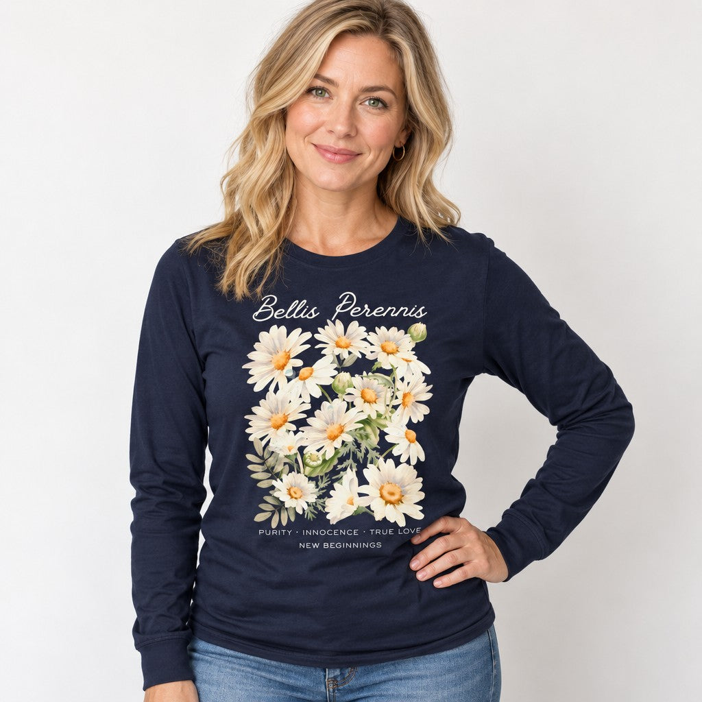 Woman in navy Bella Canvas 3501 long sleeve shirt featuring a watercolor bouquet of white and lavender-blue Bellis perennis daisies with golden-yellow centers, elegant script and vintage text, cottagecore floral design, perfect for flower symbolism lovers, brides, and new beginnings, by Crossroads Dandelion