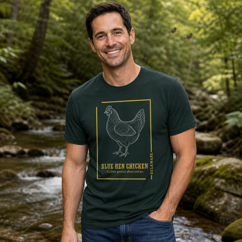 Man wearing forest green Bella Canvas 3001 t-shirt featuring a vintage-style line art illustration of the Blue Hen Chicken with a gold border and botanical text, standing by a scenic riverside in nature, cottagecore heritage birdwatcher and state pride tee for men, by Crossroads Dandelion