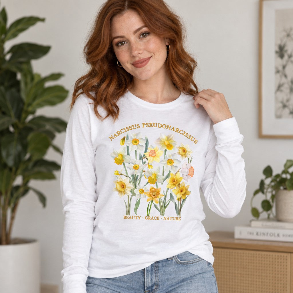 Redheaded woman in white Bella Canvas 3501 long sleeve shirt featuring a cottagecore vintage watercolor botanical daffodil design with Latin script, perfect for creative plant lovers and nature enthusiasts in a cozy indoor setting, by Crossroads Dandelion