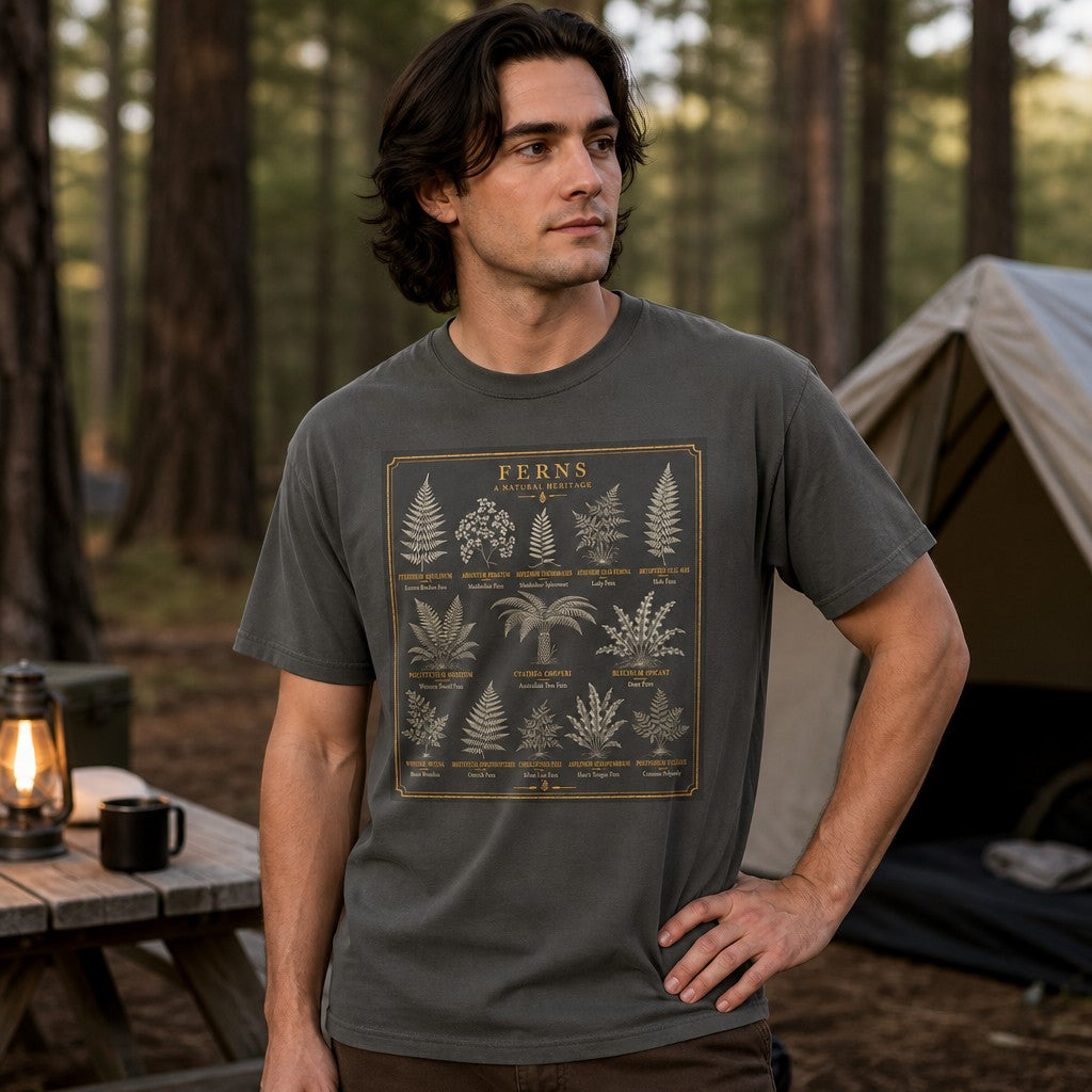 Man wearing a pepper gray Comfort Colors t-shirt featuring a vintage-style botanical ink illustration of twelve unique fern species in a golden frame, camping in a pine forest; cottagecore aesthetic, perfect for artists, gardeners, and nature lovers, by Crossroads Dandelion