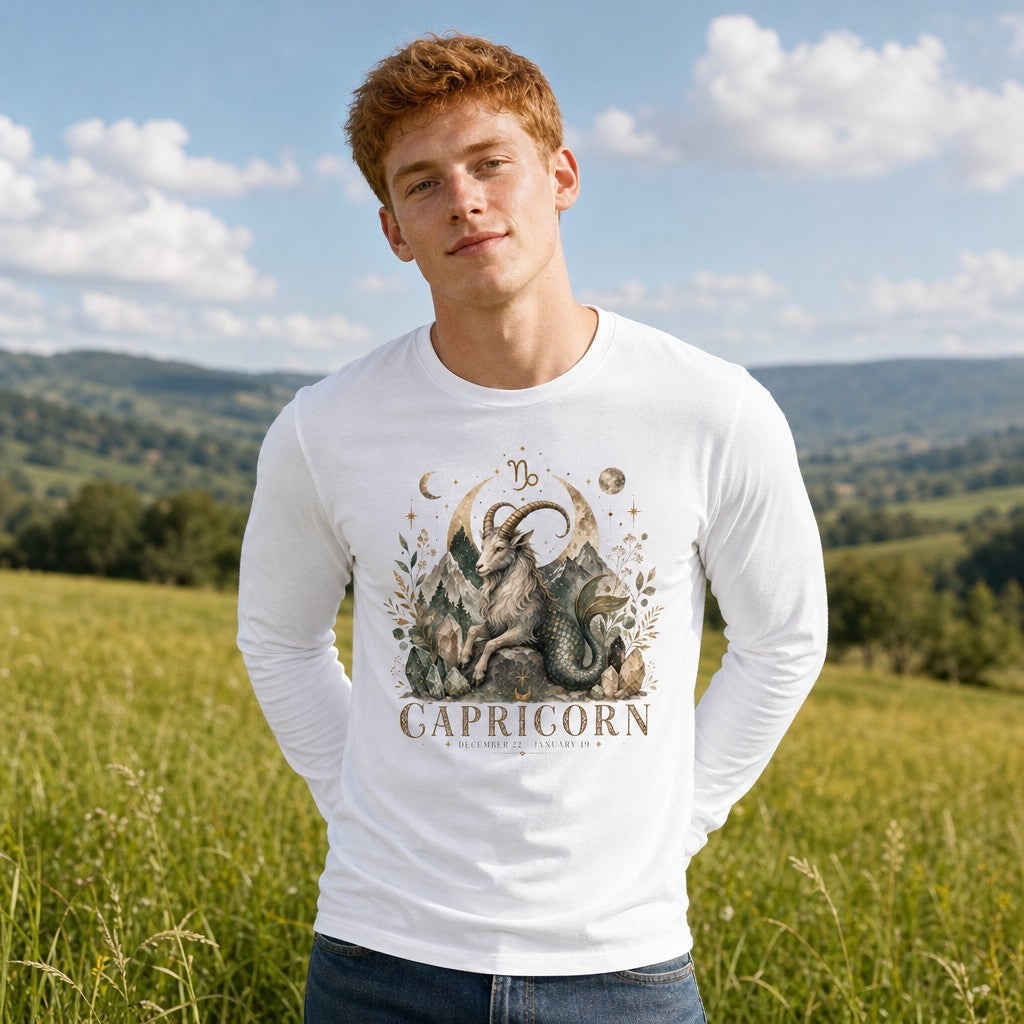 Man in white Bella Canvas 3501 long sleeve shirt featuring a dreamlike watercolor Capricorn sea-goat design with moon phases, crystalline mountains, botanicals, and vintage zodiac elements, standing in a pastoral field, perfect for astrology lovers and cottagecore enthusiasts, by Crossroads Dandelion