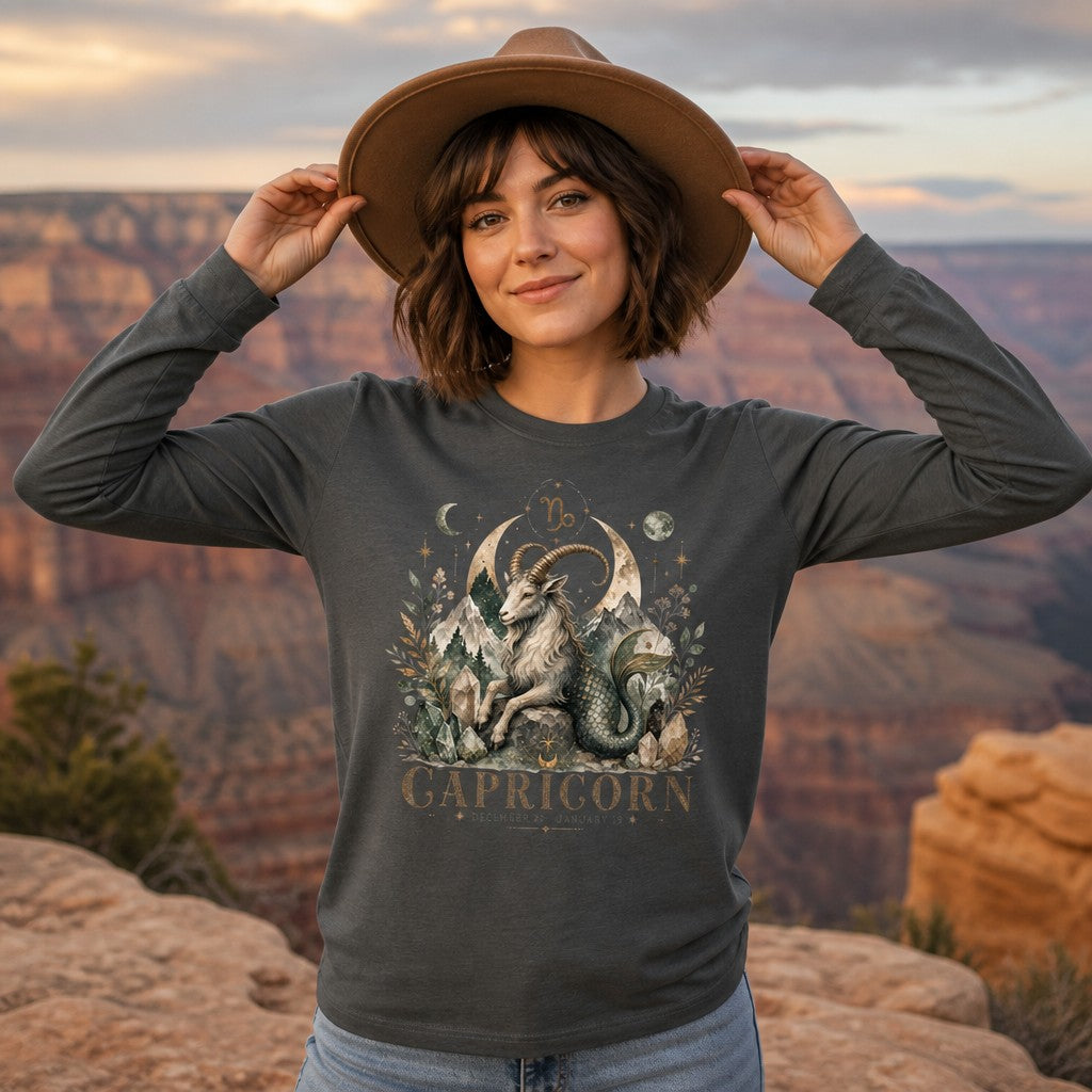 Woman wearing an asphalt Bella Canvas 3501 long sleeve shirt featuring a cottagecore watercolor Capricorn sea-goat design with crystalline mountains, moon phases, and botanicals, standing at the Grand Canyon, astrology and zodiac lovers apparel, by Crossroads Dandelion