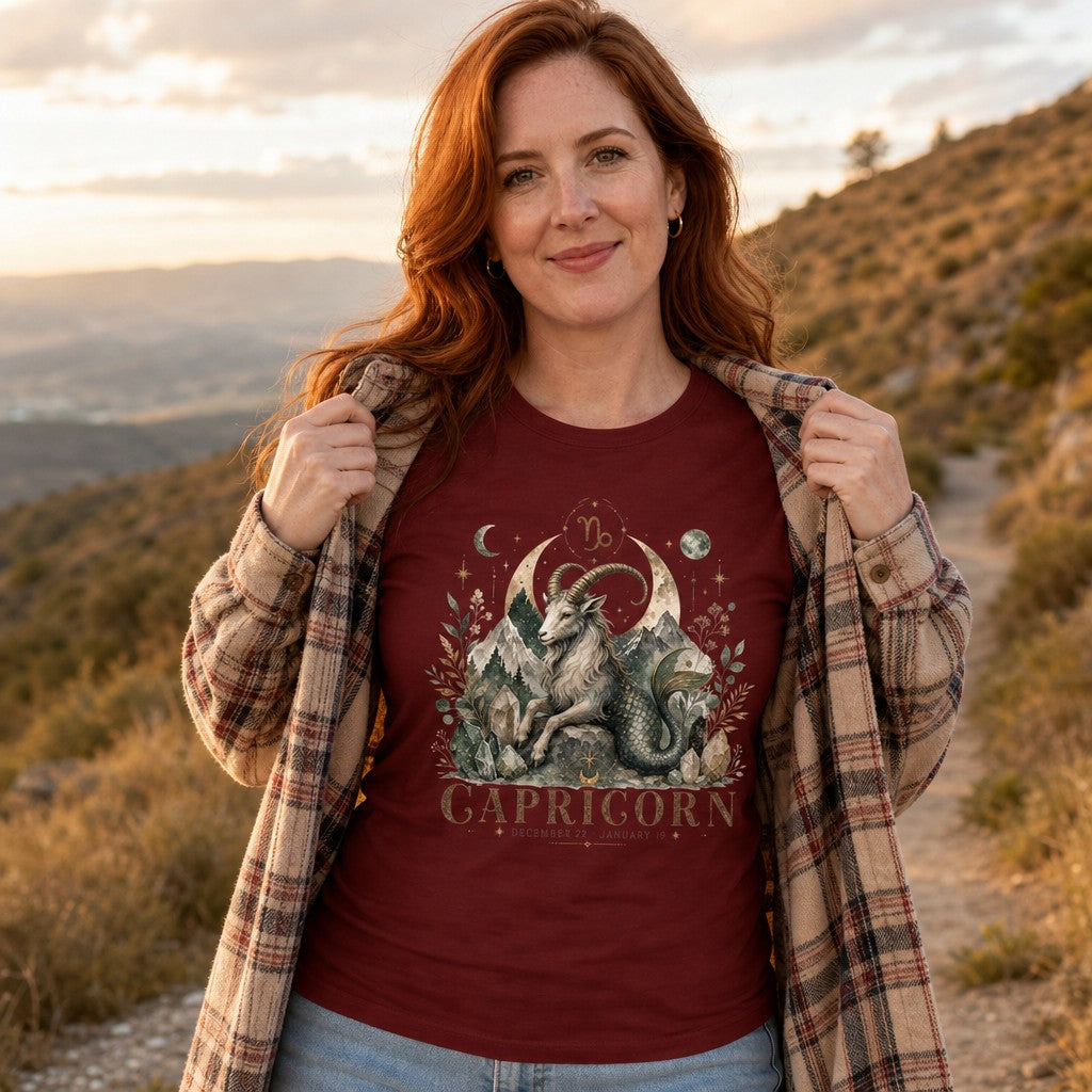Woman wearing a cardinal red Bella Canvas 3501 long sleeve shirt with a watercolor Capricorn sea-goat surrounded by crystalline mountains, moon phases, vintage botanicals, and zodiac details, outdoors on a scenic hillside, astrology and cottagecore style for women, by Crossroads Dandelion