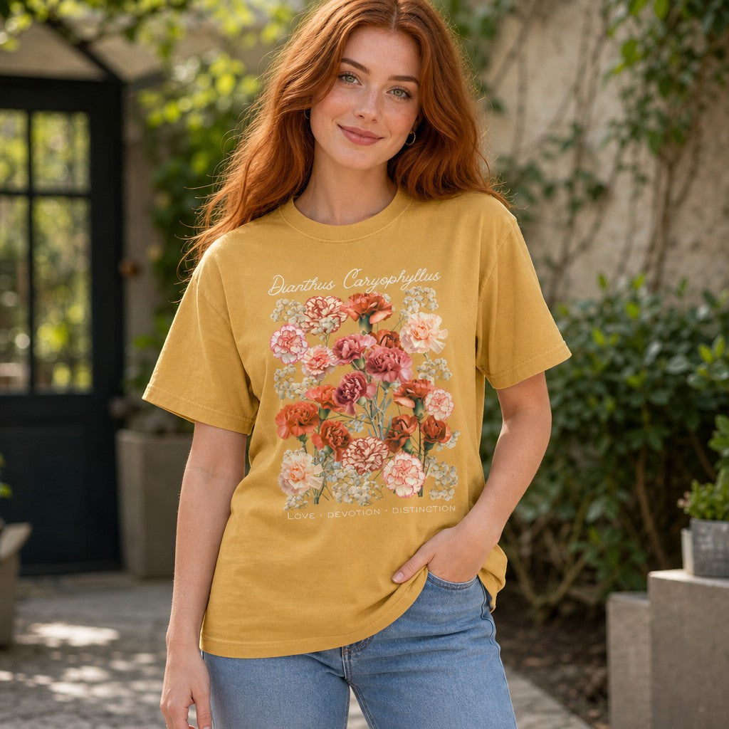 Woman in mustard Comfort Colors 1717 t-shirt with vintage botanical illustration of peach, blush, coral, and cream Dianthus caryophyllus carnations and baby's breath, elegant script, garden setting, cottagecore floral tee for women and flower lovers, by Crossroads Dandelion