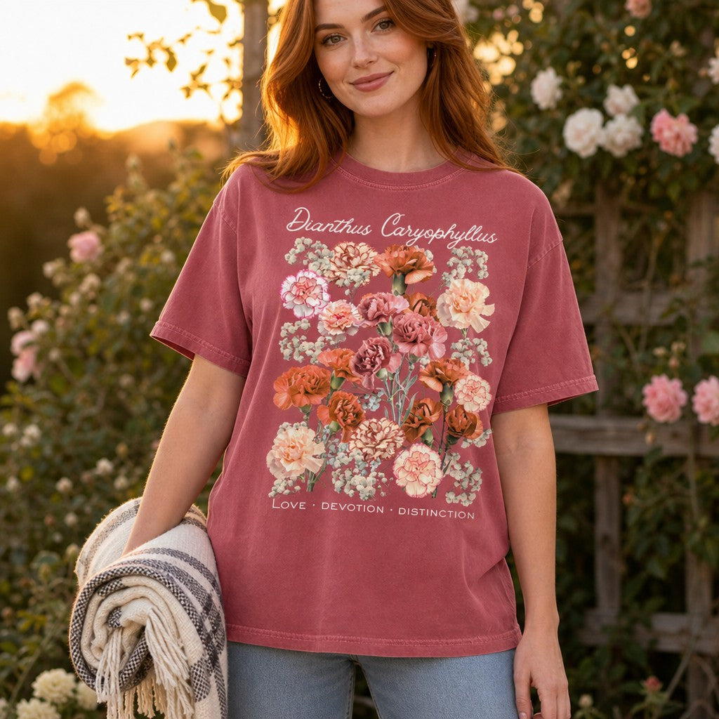 Woman wearing crimson Comfort Colors 1717 t-shirt featuring a vintage botanical illustration of Dianthus caryophyllus carnations in peach, blush, coral, and cream, with delicate baby's breath and script accents, in a lush garden setting, cottagecore flower lover gift, by Crossroads Dandelion