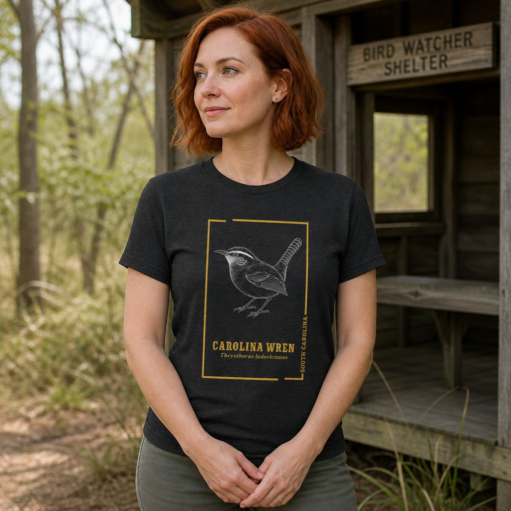 Woman in dark grey heather Bella Canvas 3001 t-shirt featuring a vintage-inspired hand-drawn Carolina Wren design in a golden frame, cottagecore style, standing by a rustic bird watcher shelter in nature, perfect for bird lovers and nature enthusiasts, by Crossroads Dandelion