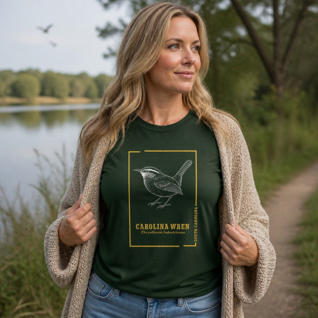 Woman wearing a forest green Bella Canvas 3001 t-shirt with a vintage-inspired hand-drawn Carolina Wren illustration in a golden frame, cottagecore style, walking on a lakeside path, ideal for bird lovers, nature enthusiasts, and wildlife artists, by Crossroads Dandelion