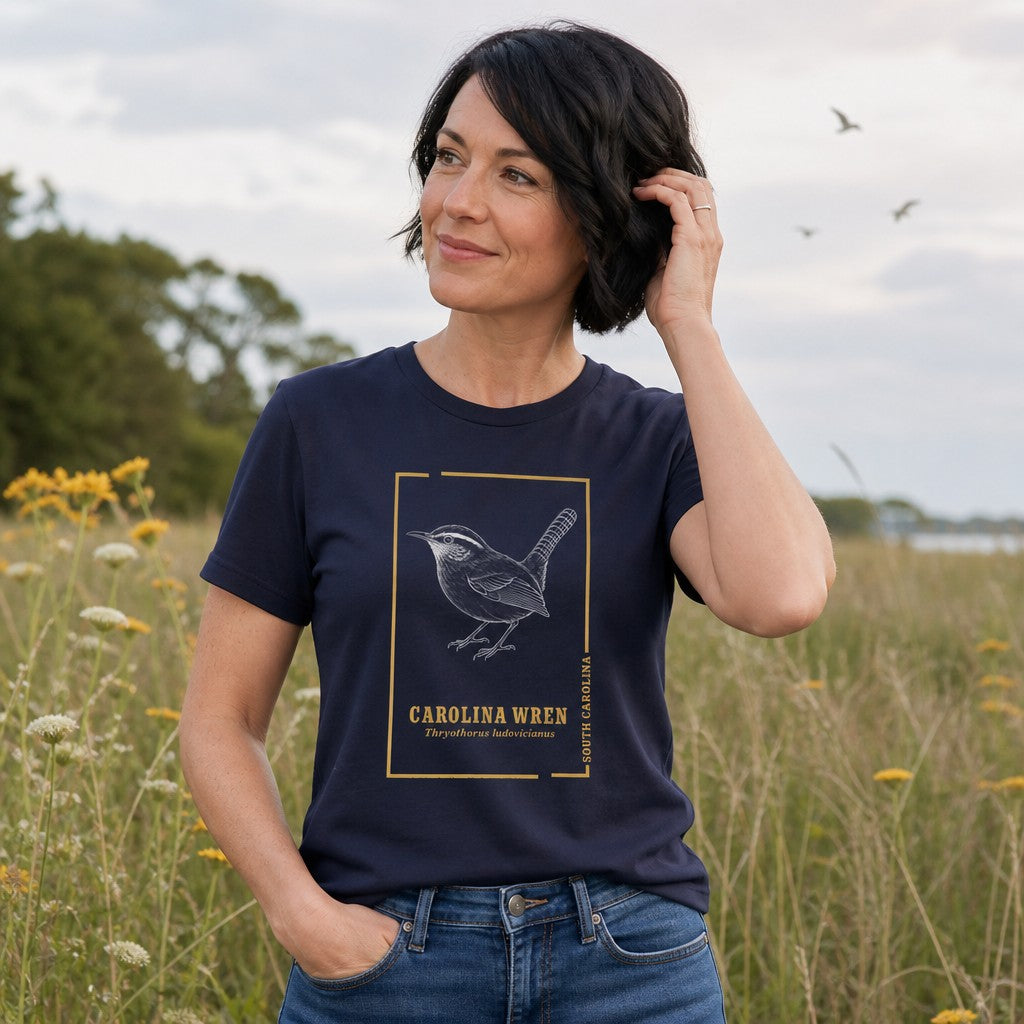 Woman wearing a navy Bella Canvas 3001 t-shirt featuring a vintage-inspired hand-drawn Carolina Wren illustration in a golden frame, antique naturalist field sketch style, standing in a wildflower meadow, cottagecore aesthetic for bird lovers, by Crossroads Dandelion