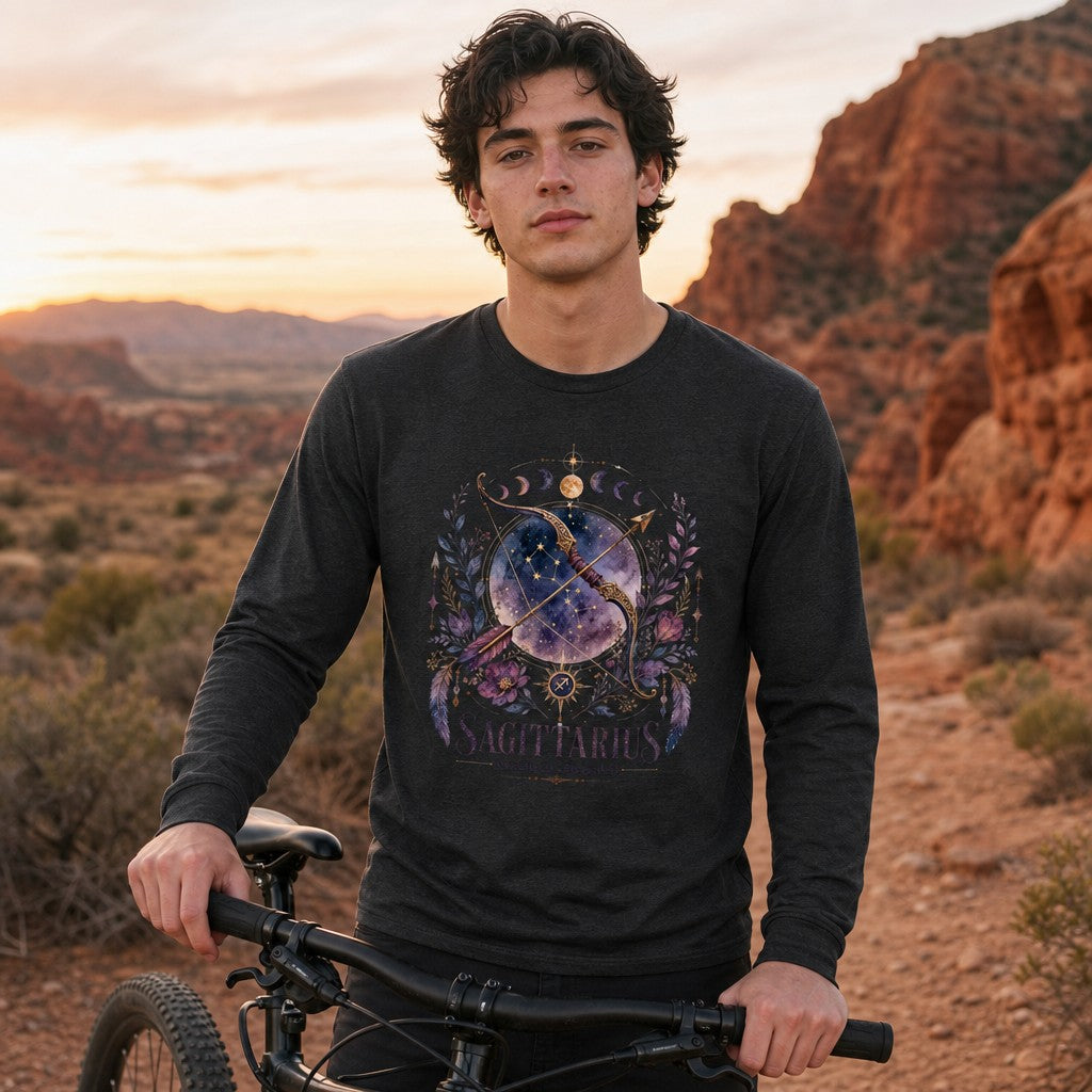 Man wearing a dark grey heather Bella Canvas 3501 long sleeve featuring a watercolor cosmic Sagittarius zodiac design with golden bow and arrow, purple blooming florals, crescent moons, and stardust, mystical cottagecore style in a desert landscape, perfect for astrology and nature lovers, by Crossroads Dandelion