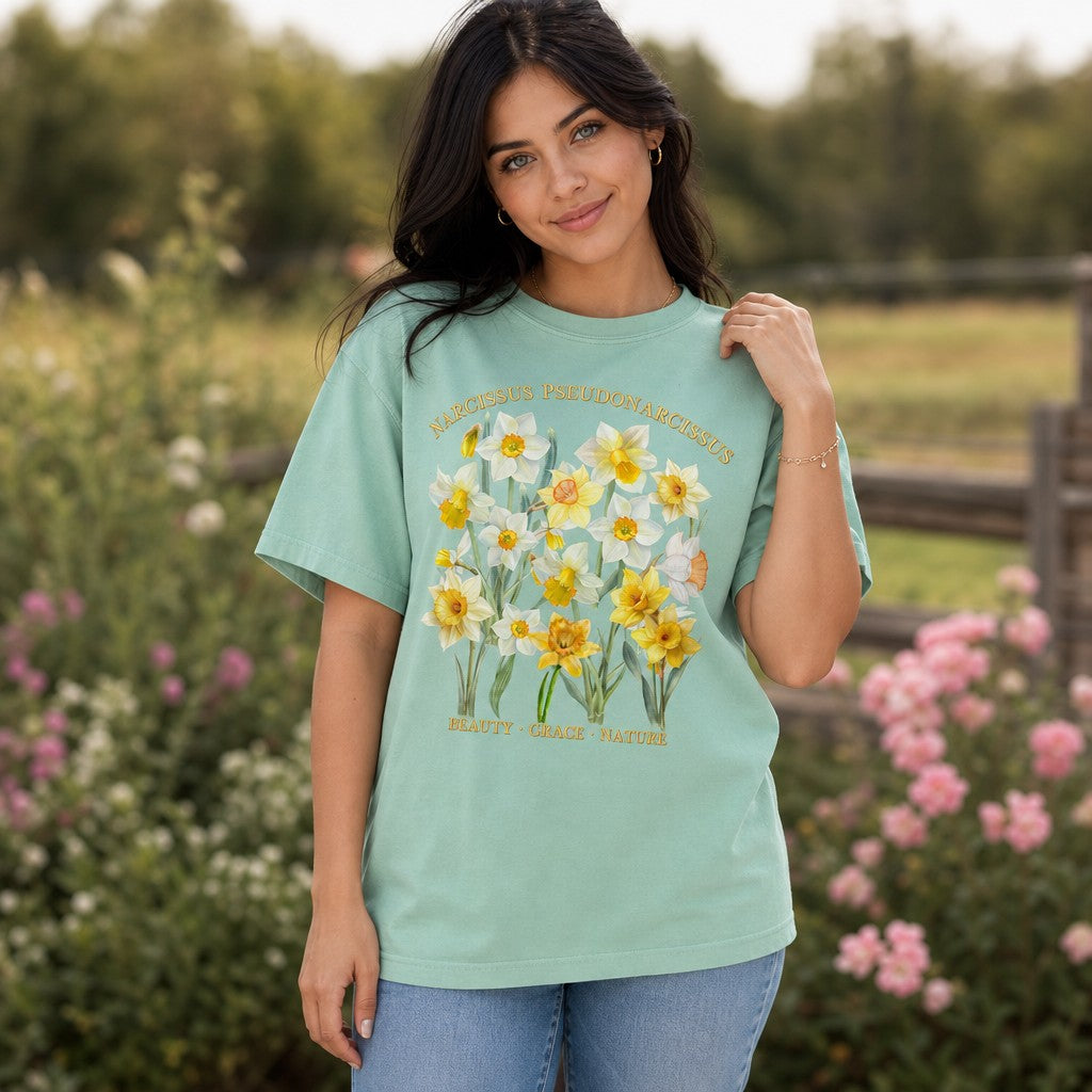 Woman wearing Comfort Colors 1717 t-shirt in island reef green featuring a vintage cottagecore watercolor design of Narcissus pseudonarcissus daffodils with gold botanical labels, in a blooming garden, for floral and nature lovers, by Crossroads Dandelion