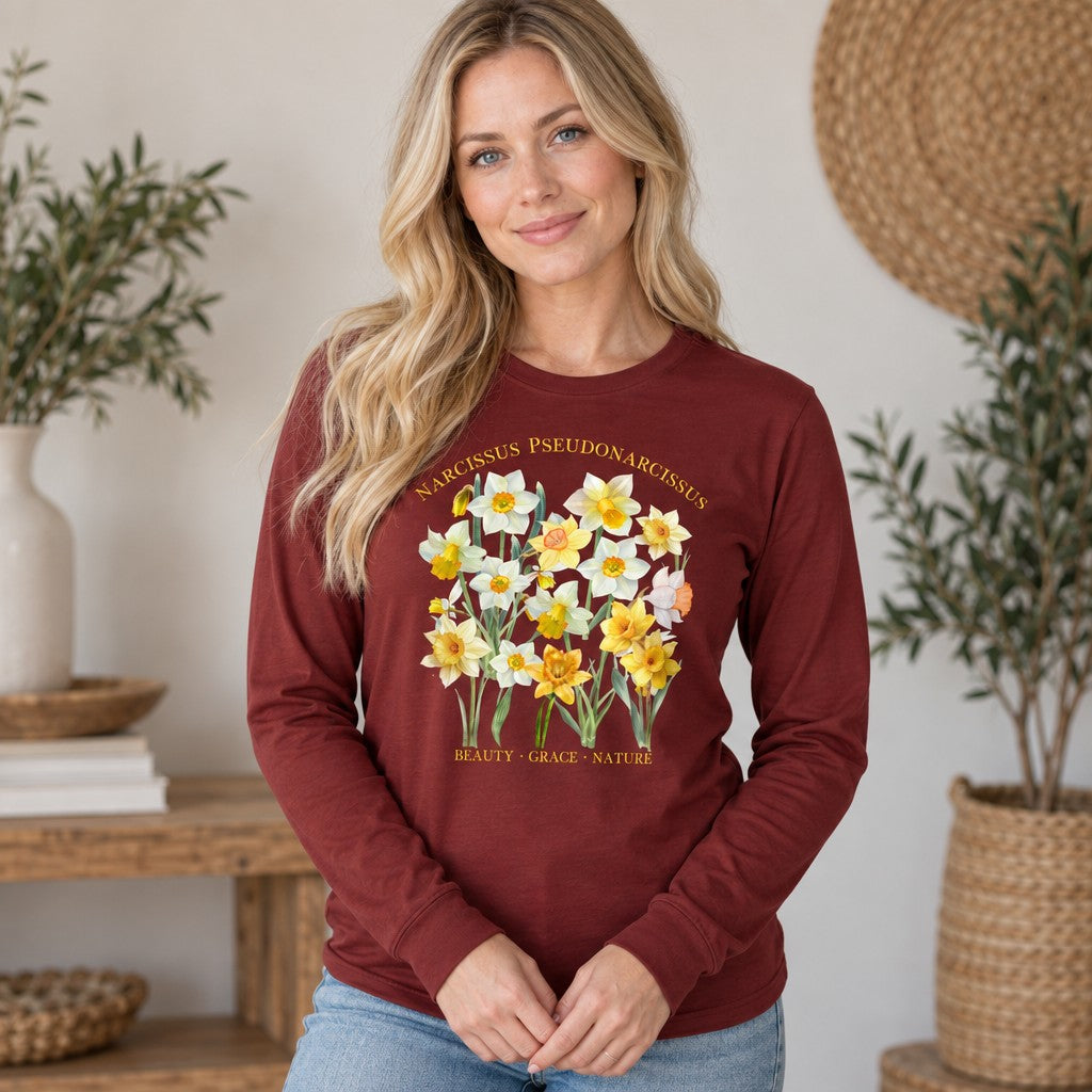 Woman wearing a cardinal red Bella Canvas 3501 long sleeve featuring a cottagecore watercolor daffodil botanical design with Latin script, vintage specimen style, cozy indoor scene, perfect for female plant lovers and creative souls, by Crossroads Dandelion