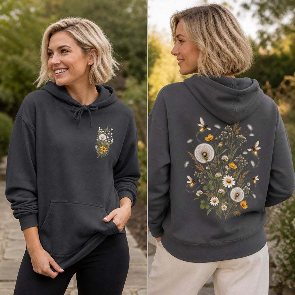 Woman wearing a pepper colored sweatshirt with a cottagecore dandelion and daisy floral design on the front and back, standing outdoors in a garden setting, cozy nature-inspired style for women, by Crossroads Dandelion