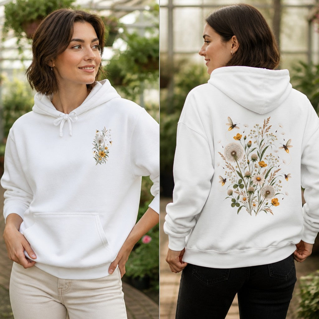 Woman wearing a white sweatshirt with a cottagecore dandelion, wildflower, and bee botanical illustration, featuring floral details on both front and back, in a greenhouse garden setting, nature lovers, by Crossroads Dandelion