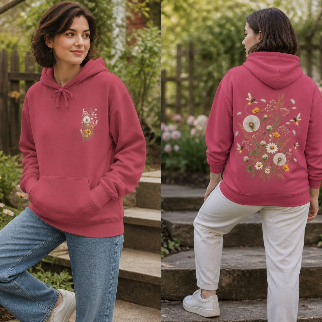 Woman wearing a crimson cottagecore sweatshirt with whimsical dandelion and wildflower illustration, shown in a lush garden setting, ideal for nature lovers and women seeking cozy floral apparel, by Crossroads Dandelion