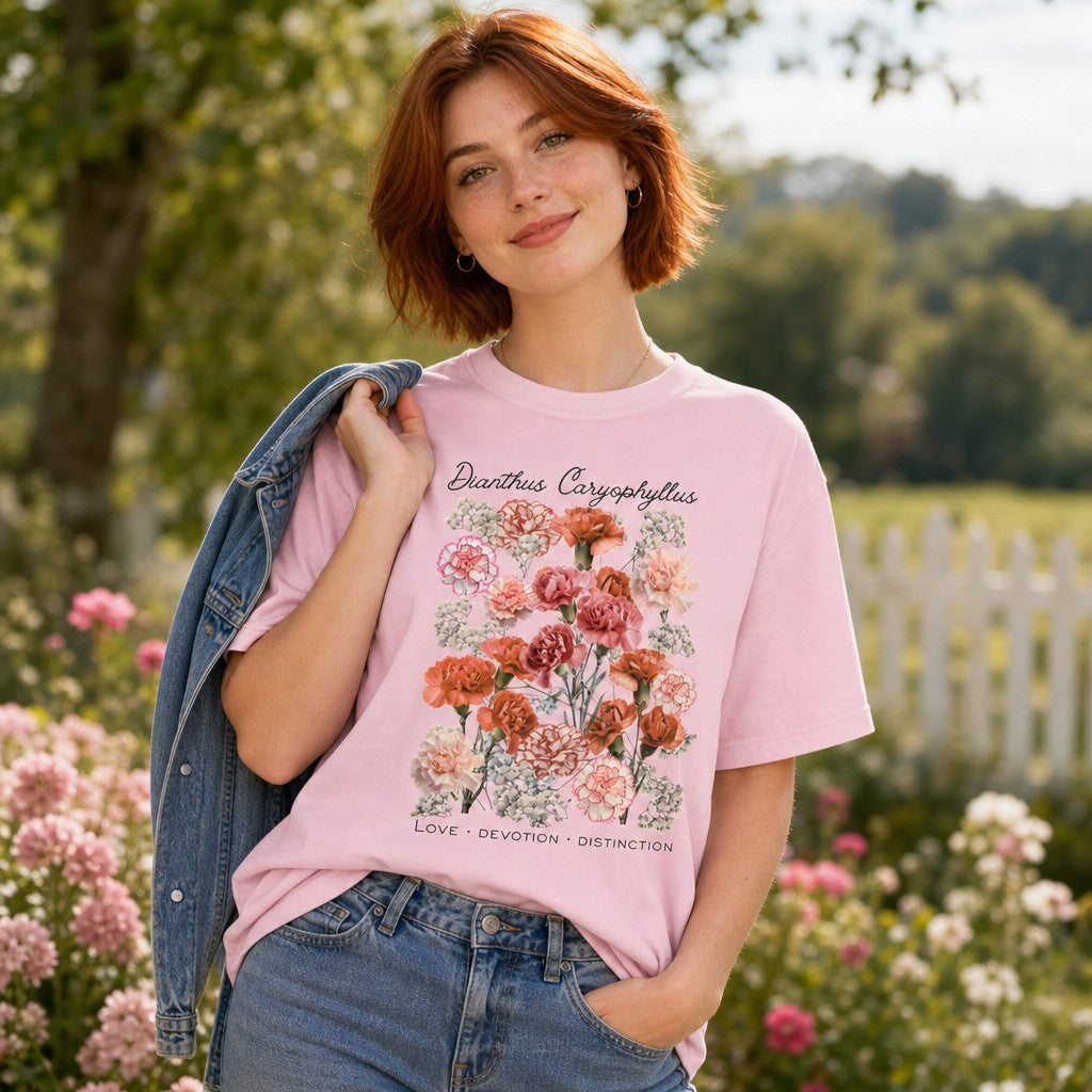 Woman wearing a Comfort Colors 1717 t-shirt in blossom pink with a vintage botanical illustration design of peach, blush, coral, and cream carnations (Dianthus caryophyllus) intertwined with baby's breath, in an elegant cottage garden setting, perfect for flower lovers and gentle souls, by Crossroads Dandelion
