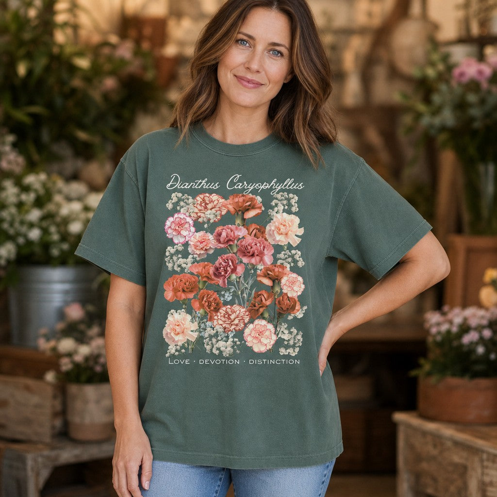 Woman wearing a blue spruce Comfort Colors t-shirt featuring a vintage botanical dianthus carnation bouquet illustration with peach, blush, and coral florals, elegant lettering, cottagecore style, garden setting, flower lover gift, by Crossroads Dandelion