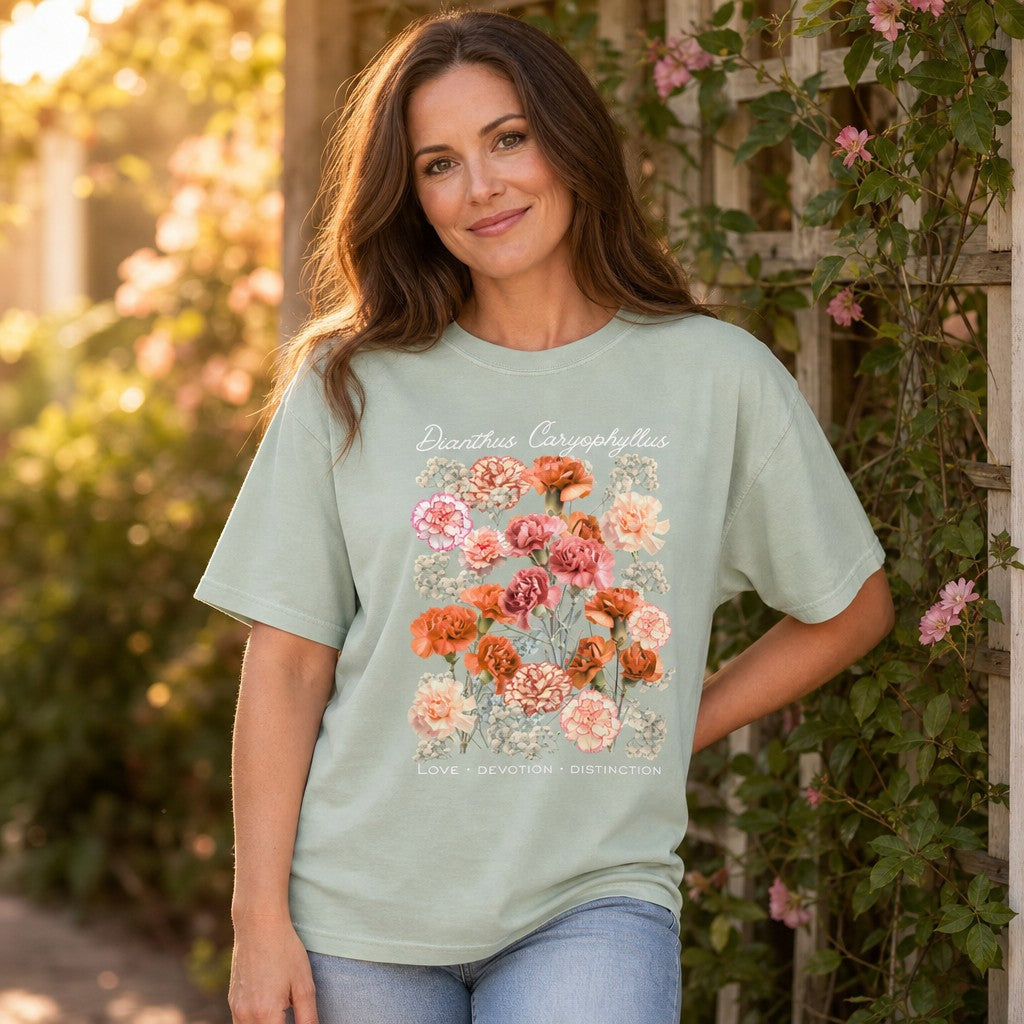 Woman in bay green Comfort Colors 1717 t-shirt featuring a vintage botanical illustration of peach, blush, coral, and cream carnations with baby's breath and elegant script, cottagecore style, garden setting, floral lovers, by Crossroads Dandelion