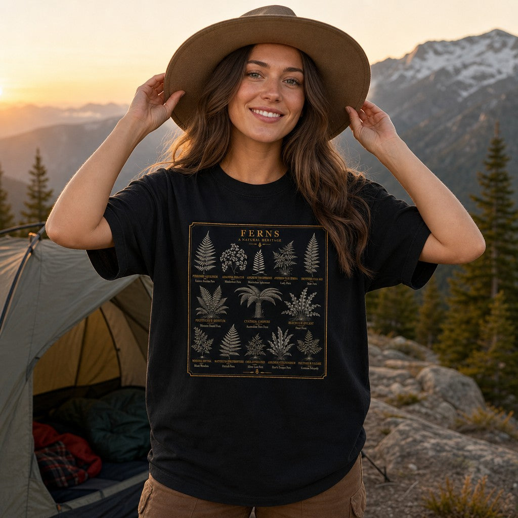 Woman wearing black Comfort Colors 1717 t-shirt featuring vintage botanical illustration of twelve fern species in gold frame, cottagecore style, set against mountain and forest camping scene, perfect for nature lovers, gardeners, and outdoor enthusiasts, by Crossroads Dandelion