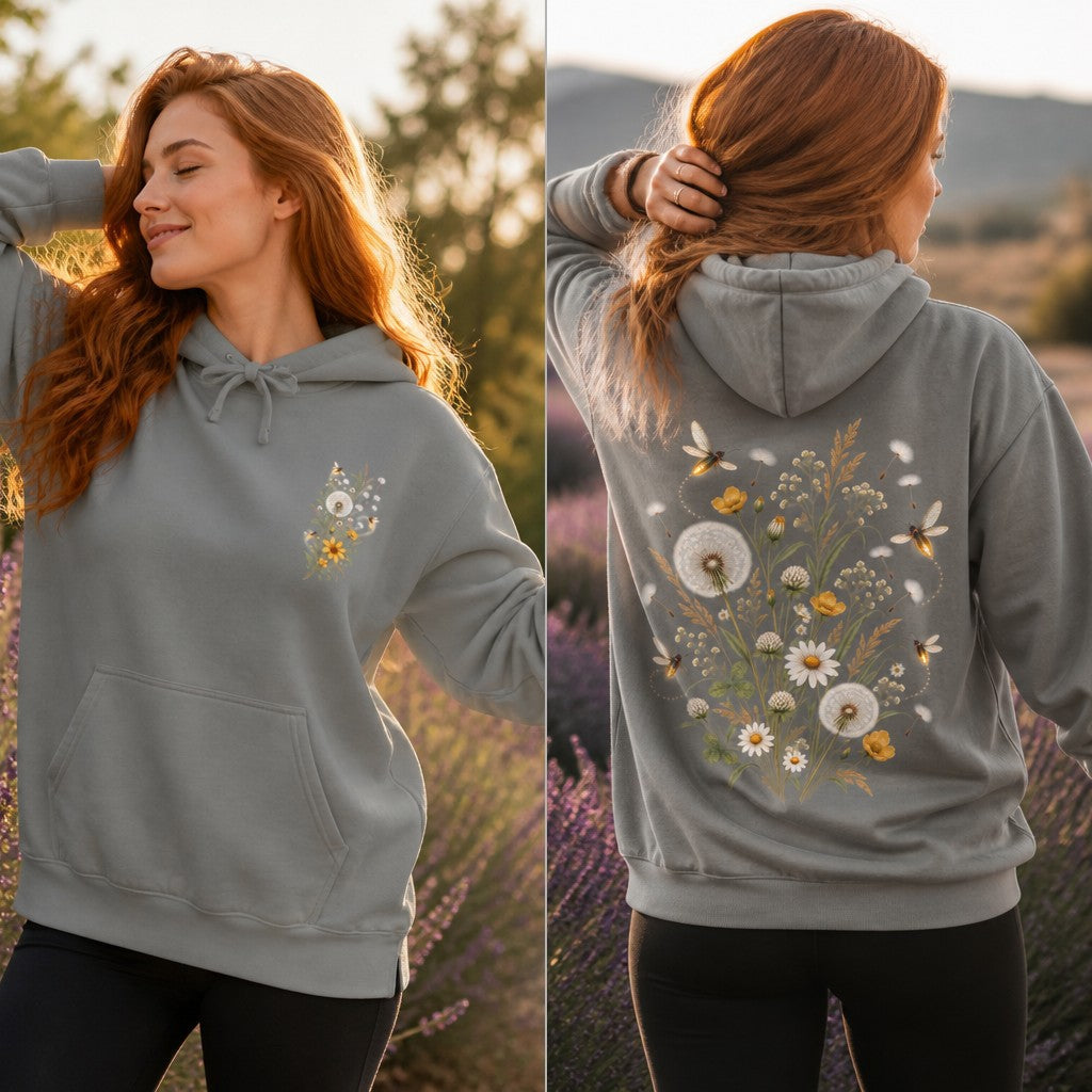 Woman wearing a grey sweatshirt featuring whimsical cottagecore floral and dandelion illustrations on the front and back, standing outdoors in a natural field, nature-inspired apparel for women, by Crossroads Dandelion