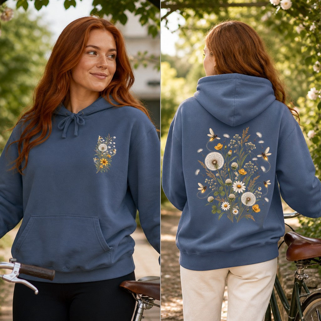 Woman in denim blue sweatshirt featuring cottagecore floral design with dandelions, daisies, and butterflies, photographed outdoors, perfect for nature lovers and women seeking whimsical botanical apparel, by Crossroads Dandelion
