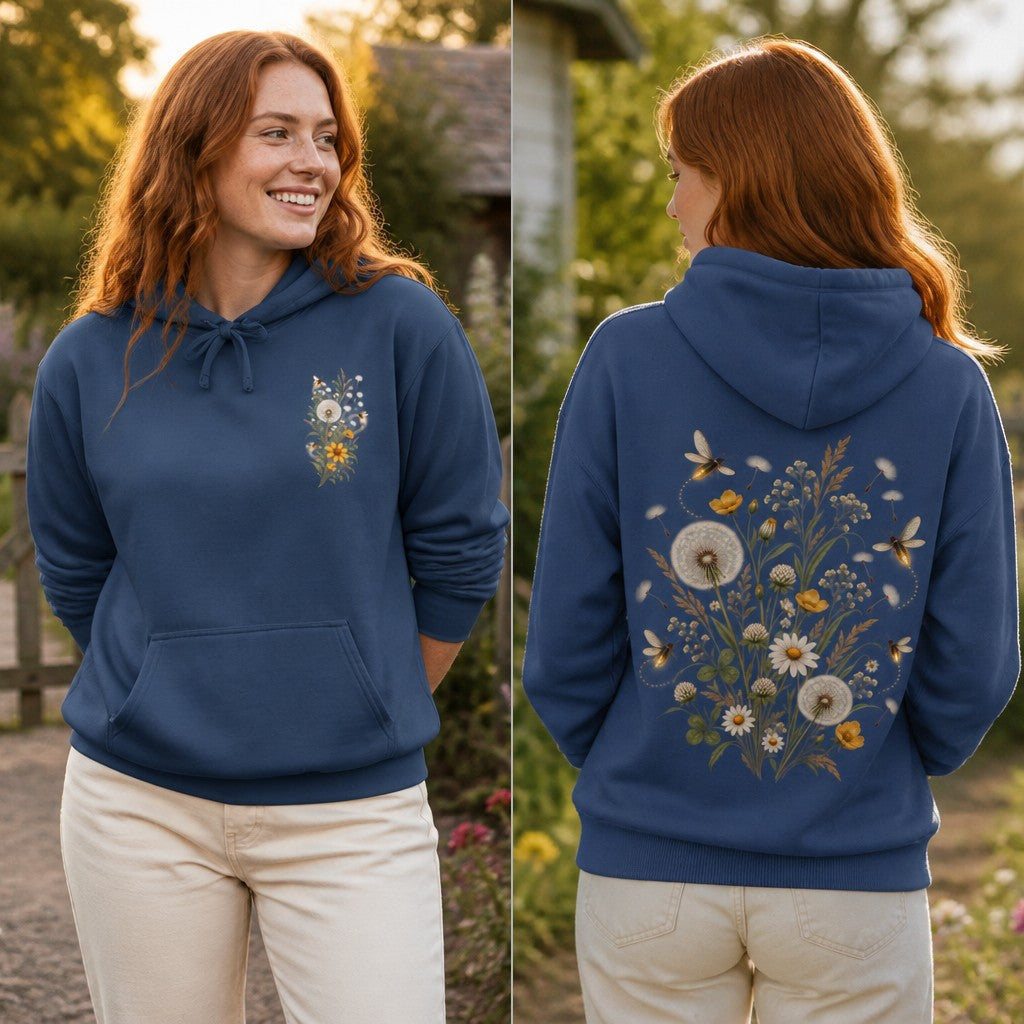 Woman wearing a true navy cottagecore sweatshirt with a whimsical wildflower and dandelion botanical design on the front and back, outdoors in a garden setting, perfect for nature lovers and women who appreciate floral art, by Crossroads Dandelion