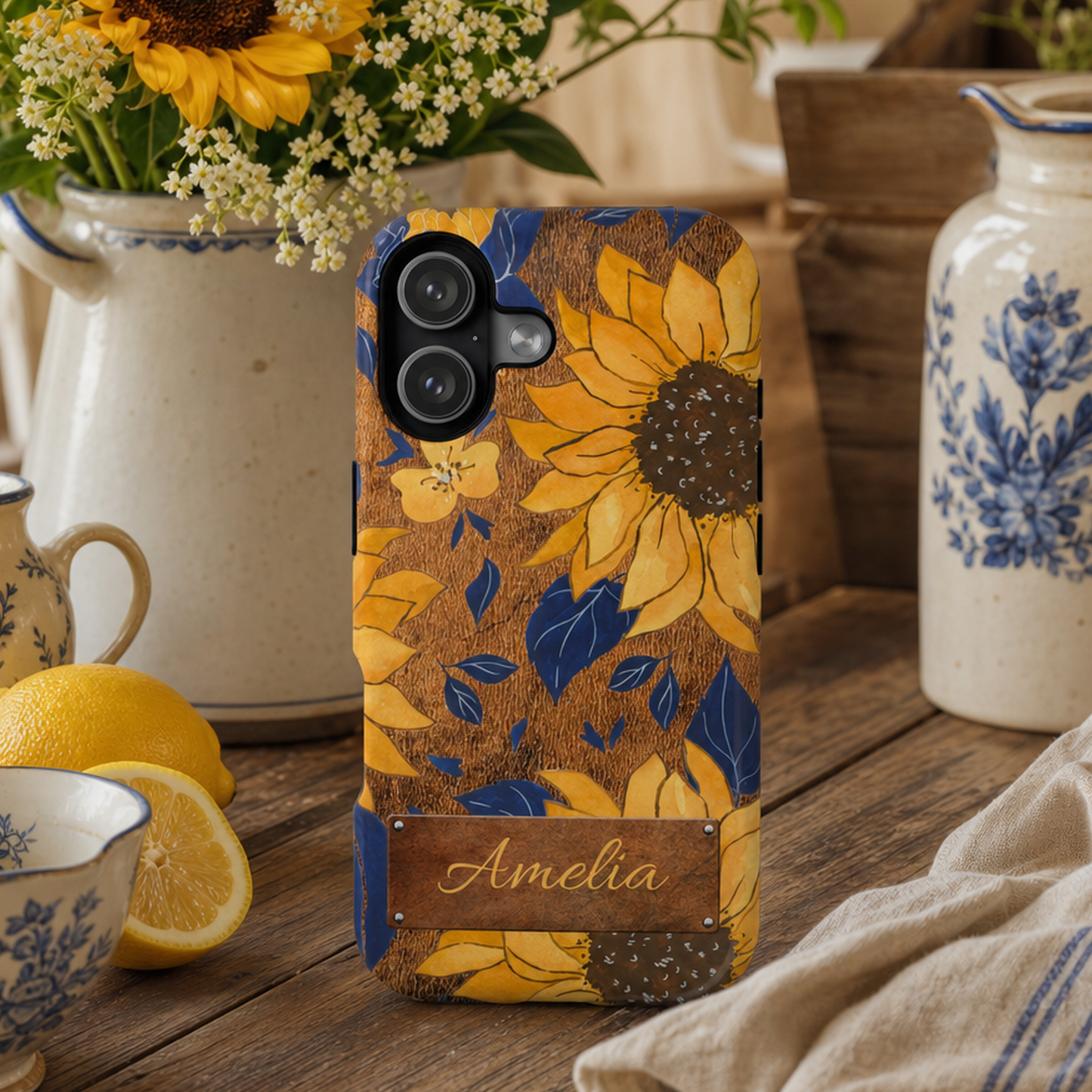 iPhone 17 case featuring a watercolor sunflower design in yellow and blue with personalized name detail, displayed on a rustic wooden table in a farmhouse kitchen with vintage ceramic decor, for cottagecore lovers, by Crossroads Dandelion