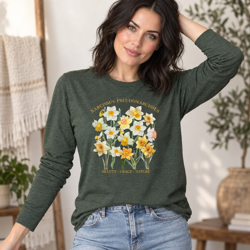 Woman wearing a heather forest Bella Canvas 3501 long sleeve shirt featuring a vintage cottagecore watercolor daffodil botanical specimen design with Latin script, ideal for creative plant lovers, in a cozy home setting, by Crossroads Dandelion