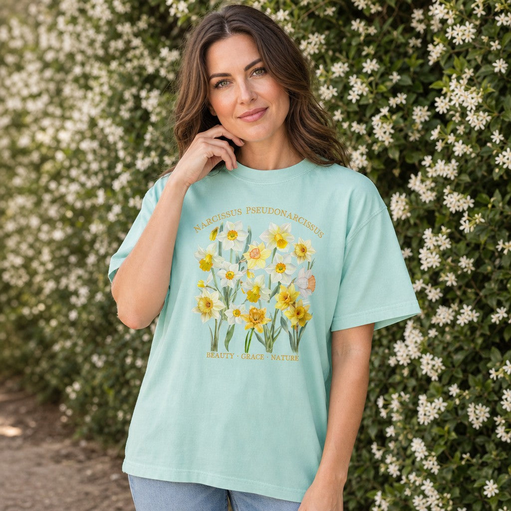 Woman wearing a Comfort Colors 1717 t-shirt in chalky mint with a vintage botanical illustration of narcissus pseudonarcissus daffodils, delicate watercolor flowers in creamy white, lemon yellow, and tangerine, cottagecore floral design for garden lovers, outdoor spring setting, by Crossroads Dandelion